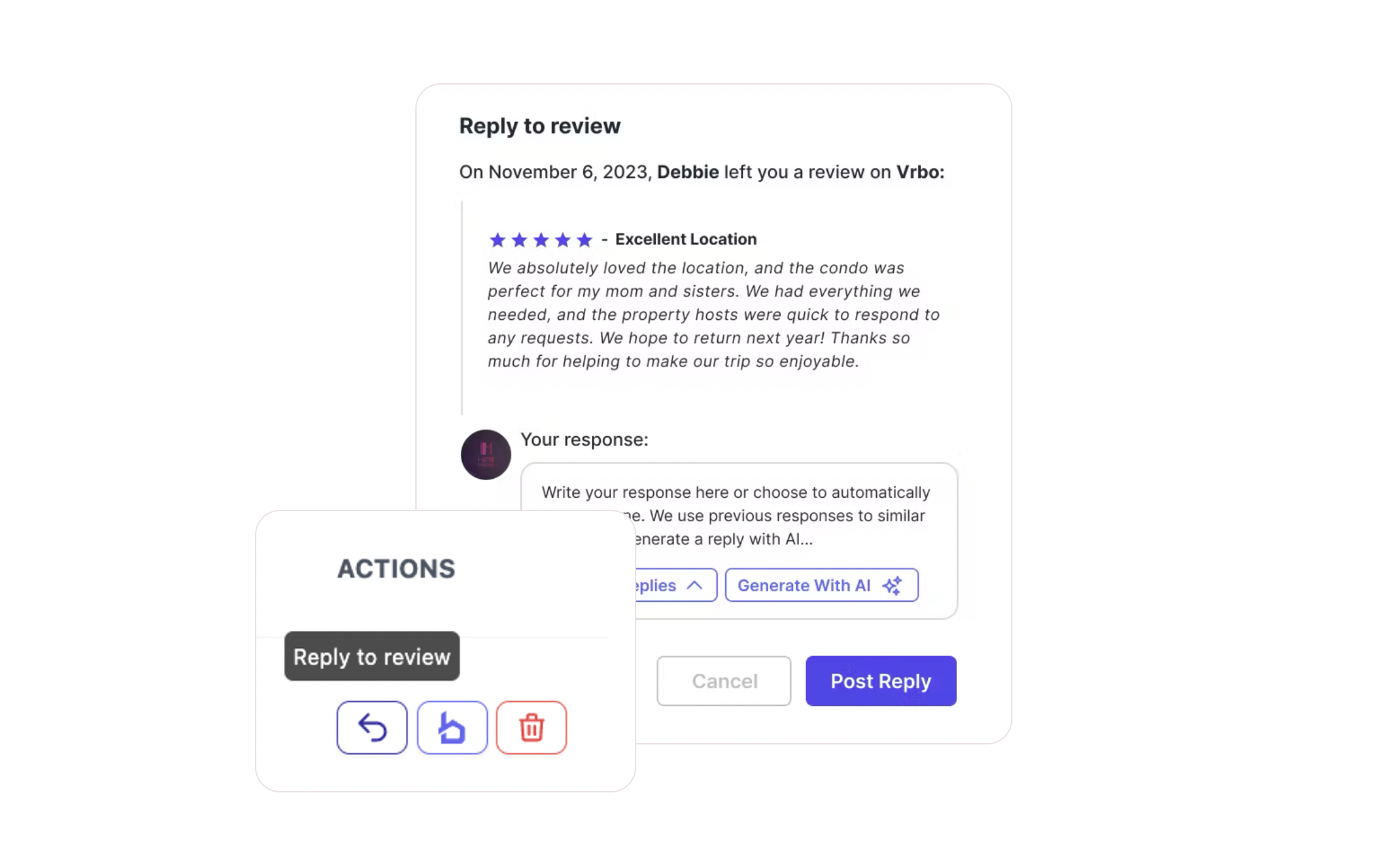Reva UI to draft and publish review replies back to OTAs