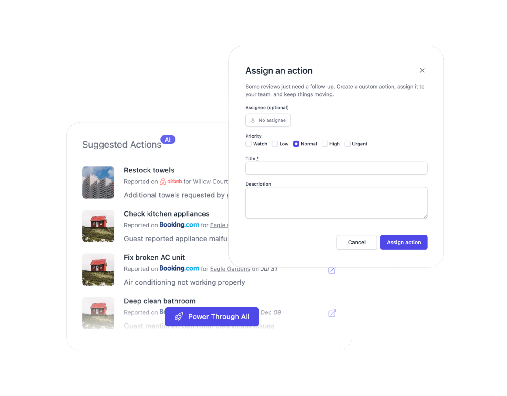 Reva suggested actions feature showing repairs, cleaning tasks, and replies with urgency levels